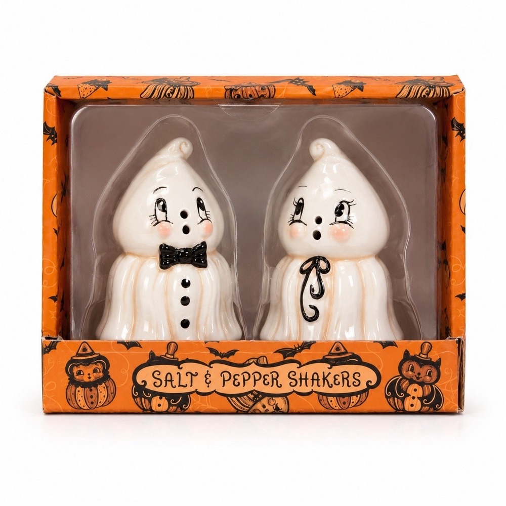 Johanna Parker Ghost Salt and Pepper Shakers Ceramic White New Halloween Retro